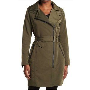 NWT Avec Les Filles Olive Moto Trench Rain Coat With Hood, Sz Large